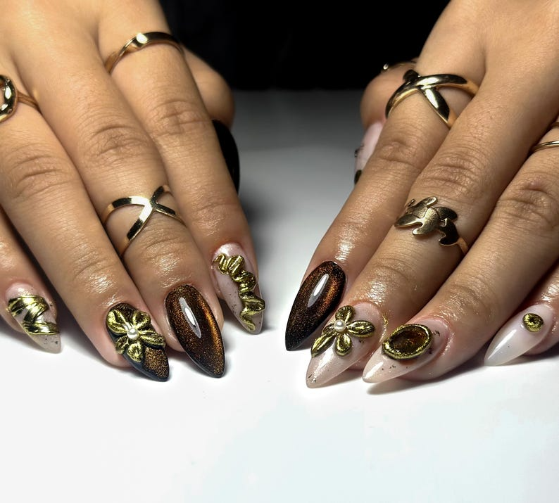 Golden Eclipse Glam Press On Nails | Metallic Brown Cat-Eye Gradient | 3D Gold Floral & Gem Accents | Luxury Handmade Nail Art | OB148EC