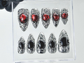 Gothic Vampire Jewel Press On Nails | Red Black Gem Nails with Metal Frame Fake Nails | Black Bloodstone Nail Art | Silver Metal | OB895YC