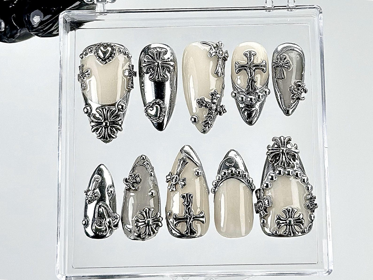 Gothic Chrome Press On Nails | Silver Gothic Fake Nails | Punk Rock Chrome Nail Art | 3D Cross Gothic Press Ons | Fashion Nails | OB889YK