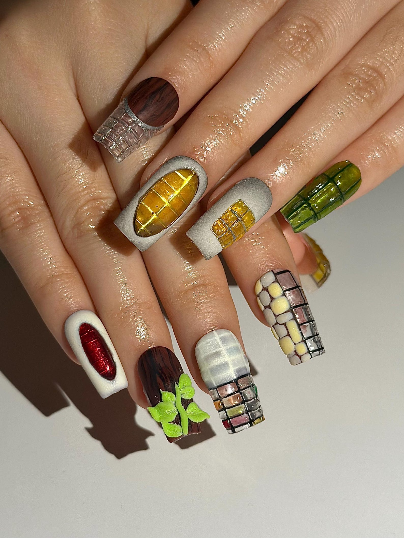 Abstract Texture Press On Nails. Mixed Media Artisan Nails with 3D Foliage. Handcrafted Gemstone and Mosaic Tile Reusable Nails. OB306HC