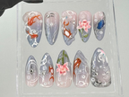 Japanese Koi Pond Long Almond Nails | Artistic Koi Fish Nail Art |Elegant Handcrafted Fake Nails | Luxurious False Nails |Koi-Themed|OB714YC