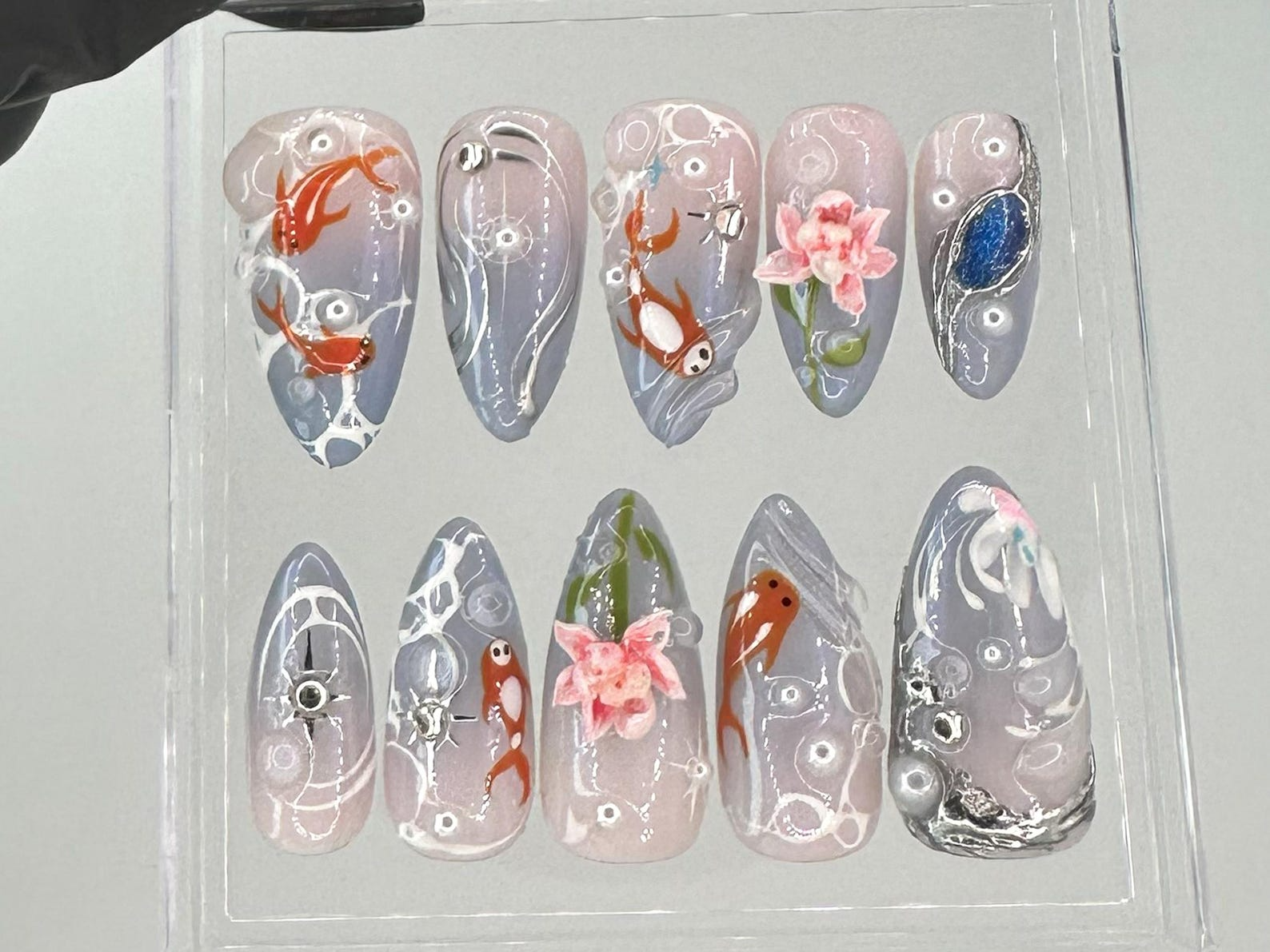 Japanese Koi Pond Long Almond Nails | Artistic Koi Fish Nail Art |Elegant Handcrafted Fake Nails | Luxurious False Nails |Koi-Themed|OB714YC