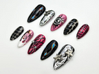 Y2K Black Pink Press On Nails | Silver Star Chrome Nails | Alt Fire Flame Design | Cyber Gothic Press Ons | Gothic Glam Nail Set | OC888H