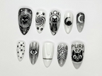 Cosmic Black Cat Press On Nails | Gothic Cat Nail Art | Moon Star Astrology Nails | Witchy Black White Press Ons | Mystic Nail Set | OB263H