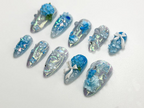 Iridescent Blue Garden Press On Nails | 3D Floral Glitter Nails | Elegant Blue Press On Nails | Handmade Romantic Bridal Set | OB774HC