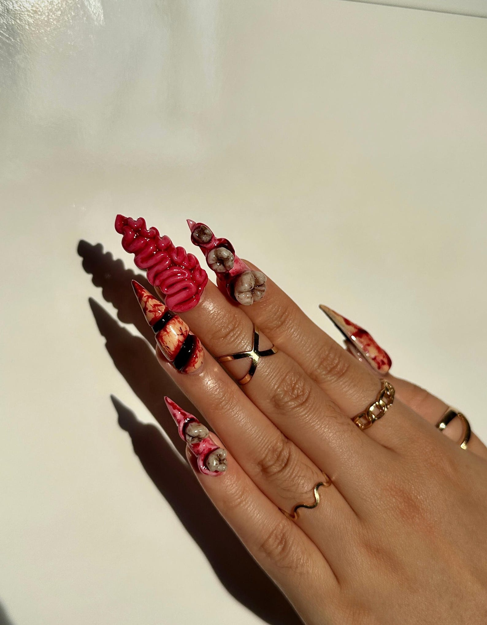 Gorecore Horror Halloween Press On Nails | 3D Brain & Bloody Wound Nail Art | Long Creepy Press Ons | Handpainted Halloween Nails | OB112HC