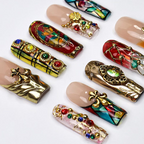 Handmade Baroque 3D Press-On Nails | Stained Glass Vitreaux Design | Long Square Gothic Fake Nails for Holiday. Vacation. Birthday | OB907L