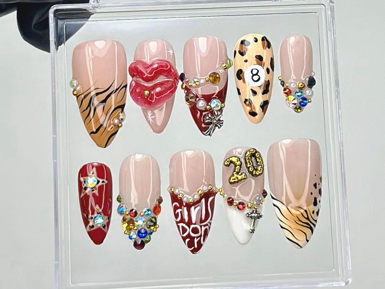 Leopard Rhinestone Press On Nails | Bold Animal Print Fake Nails | Girls Don't Cry Nail Art | 3D Lips & Crystal Press Ons |Nail Art |OB910YK