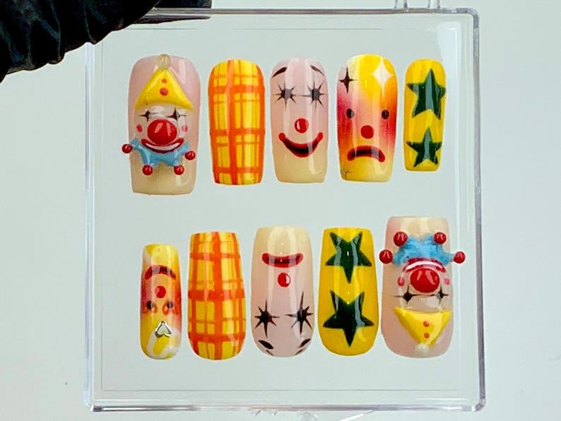 Quirky Clown Faces Press-On Nails | Hand-Painted Circus Nail Art | Fun and Colorful Press Ons | Unique Clown Fake Nails | Halloween |OB585YG