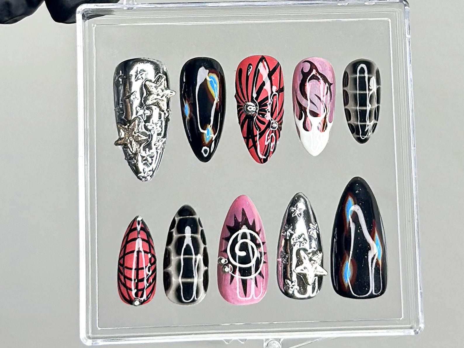 Chrome Flame Press On Nails | Gothic Spider Nail Art | Flame Spider Press Ons | Cyber Y2K Fake Nails | Emo Butterfly Press Ons | OC945YC