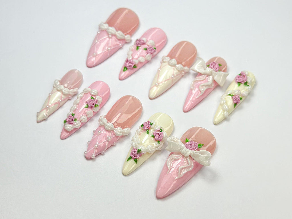 3D Rose & Lace Bridal Press-On Nails