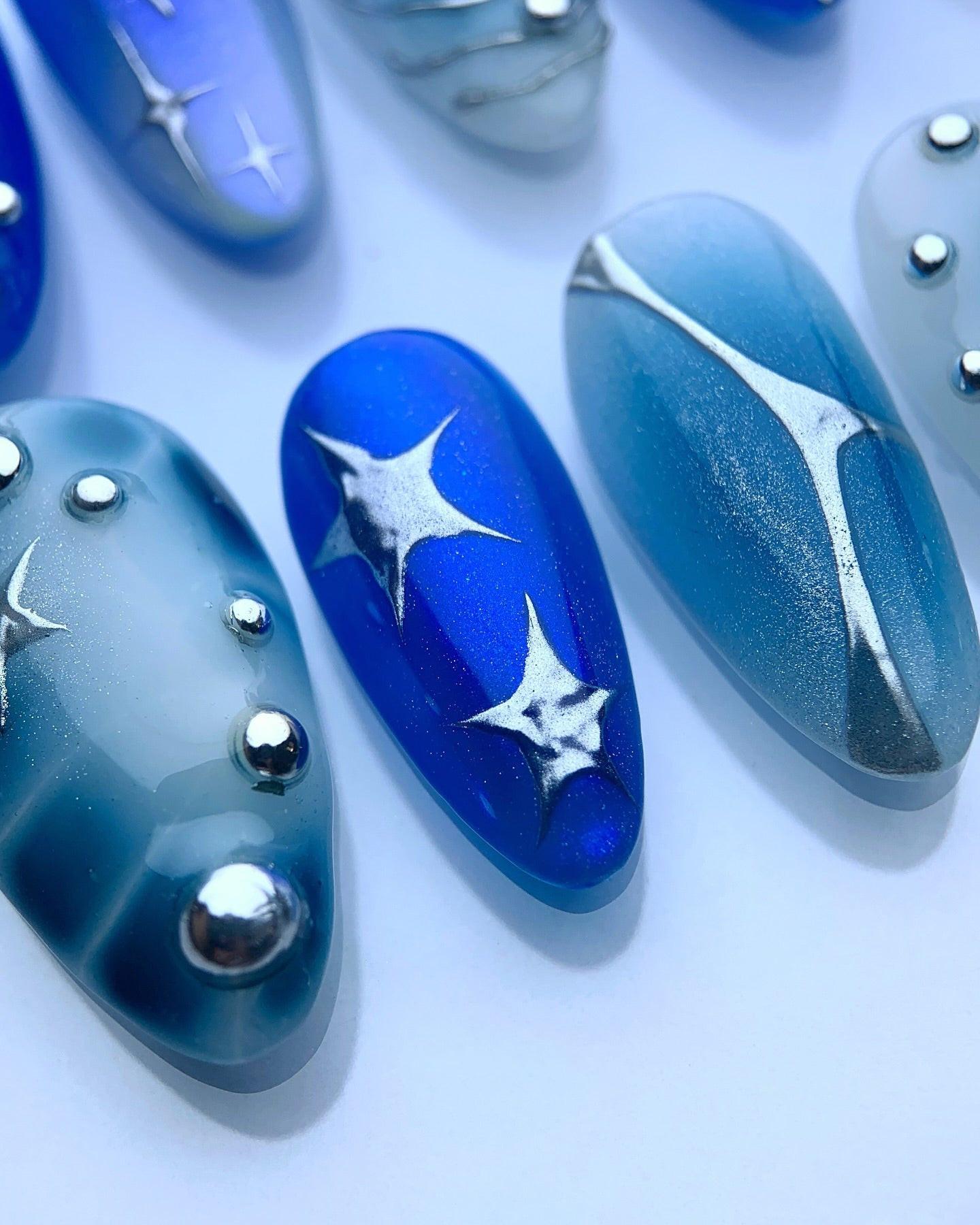 Handmade Blue Celestial Swirl Nail Art with Star Pearl Accent Press on Nails F31