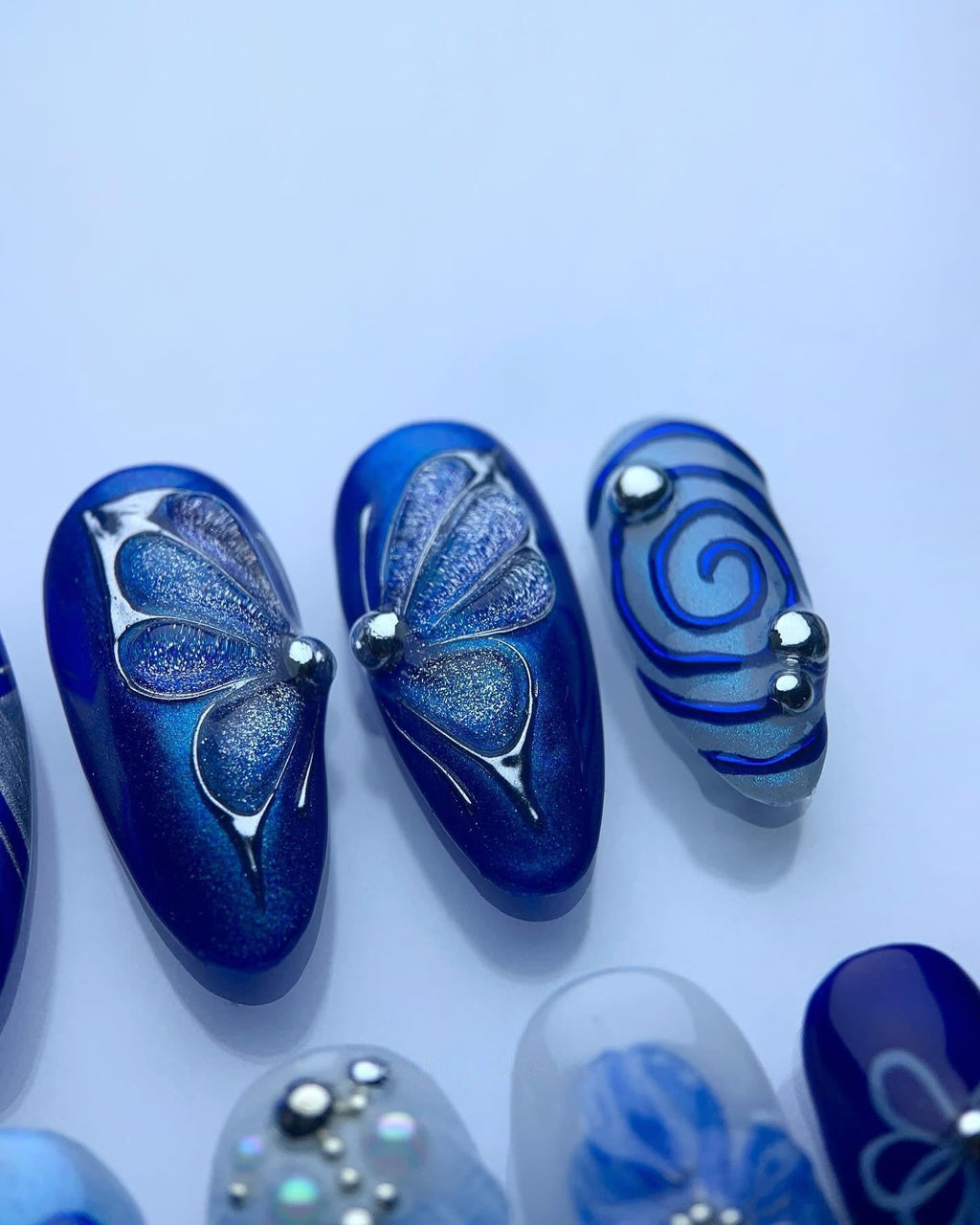 Handmade Blue Butterfly Floral Nail Art with Pearl Bow Accent Press on Nails P83