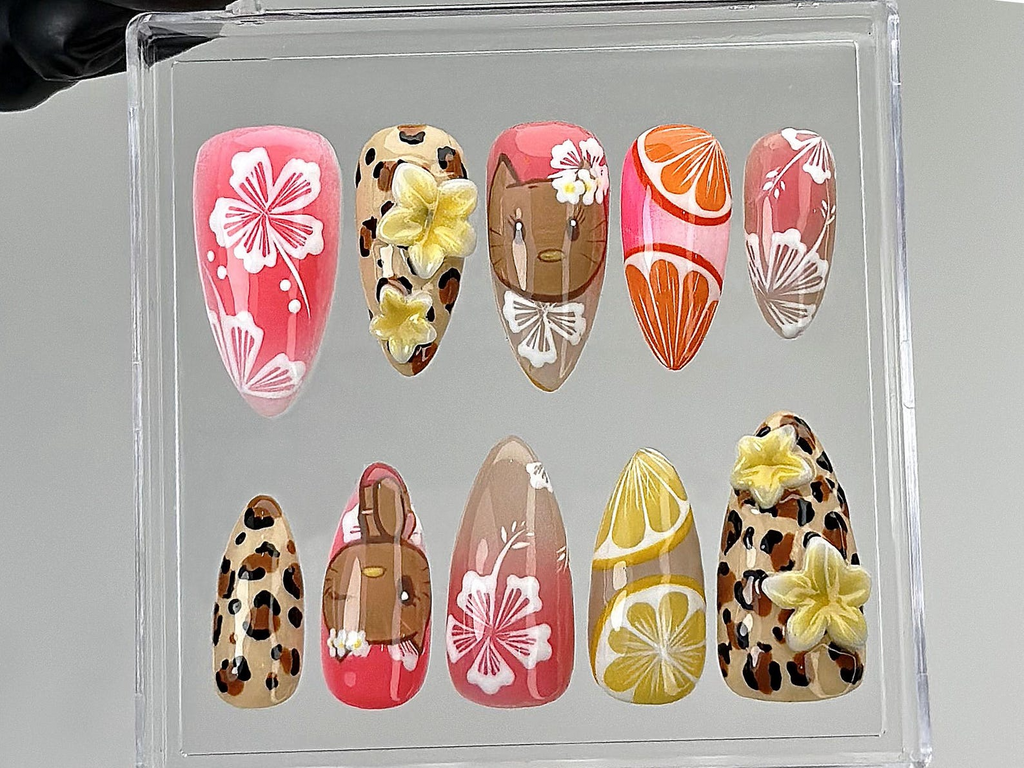 Tropical Summer Press On Nails | 3D Hibiscus. Citrus Design Fake Nails | Handmade Vacation Nail Art | Luau Beach Press Ons | Summer |OB878YC