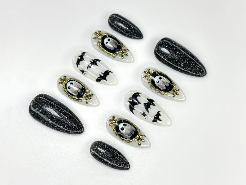 Haunted Mirror Ghost Nails | Gothic Halloween Press Ons | Black Glitter & Bat Nail Art | Handmade Spooky Black Set | OC1143BK