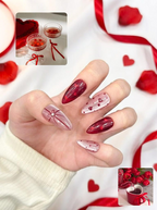 Valentine's Day Heart Press On Nails | Red & Pink Romantic Nail Set | Handmade Gift for Girlfriend | Elegant Stiletto Fake Nails | HC999GC