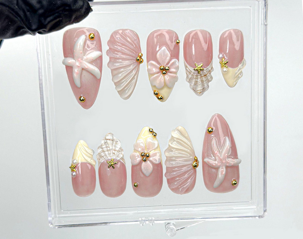 Soft Nude Seashell 3D Press On Nails | Starfish. Shell & Floral Nail Art | Handmade Pastel Nude Beach Nails | OC987EK