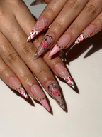 Pink Rose Press On Nails for Bridal | Handmade Rose Flower Nails with Pearls | Elegant Wedding Press Ons | Gold Frame Floral Nails | OB295HC