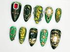 Royal Green Gold Press On Nails | Gold Foil Cameo Nail Art | Baroque Gemstone Nail Design | Victorian Green Press Ons | Retro Nails| OB866H
