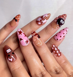 Chocolat Bear Cute Press On Nails | Kawaii Cartoon & 3D Cat Nails | Pink Brown Retro Nail Art | Handmade Fun Press Ons | OB221EC