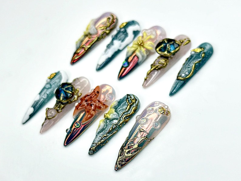 Mystical Forest Bloom Press On Nails | 3D Butterfly Vine Nail Art | Fantasy Nature Sculpted Nails | Metallic Galaxy Tips | OB955EK