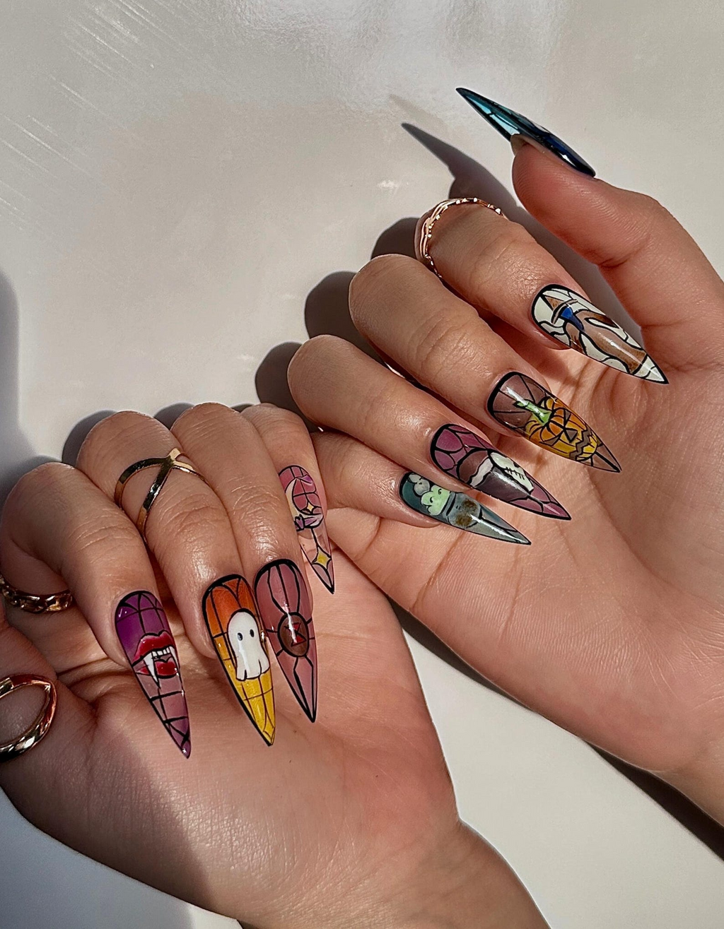 Stained Glass Halloween Press On Nails | Ghost Pumpkin Bat Nail Art | Colorful Spooky Nail Design | Handpainted Halloween Nails | OB111H
