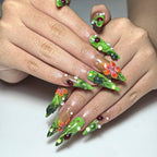 Green Floral Press On Nails with Ladybug and Pearl | 3D Nature Nails in Long Almond | Handmade Spring Nails for Wedding. Vacation | OB330N