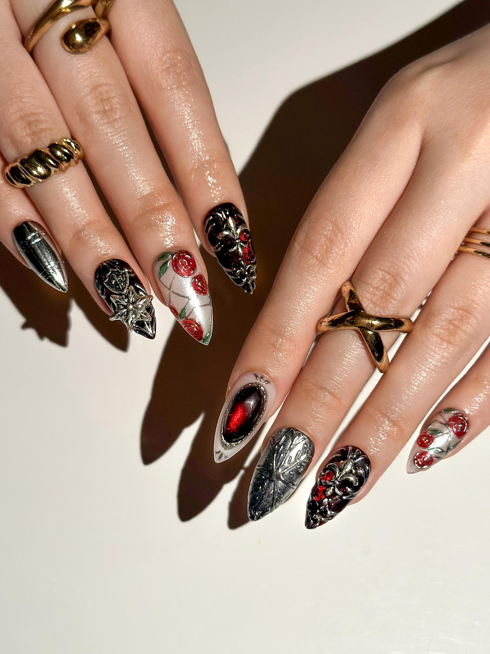 Gothic Rose Black Press On Nails | Dark Red Black Luxury Nail Art | Baroque Armor Stiletto Nails | Handmade Gothic Statement Nails| OB1286EC