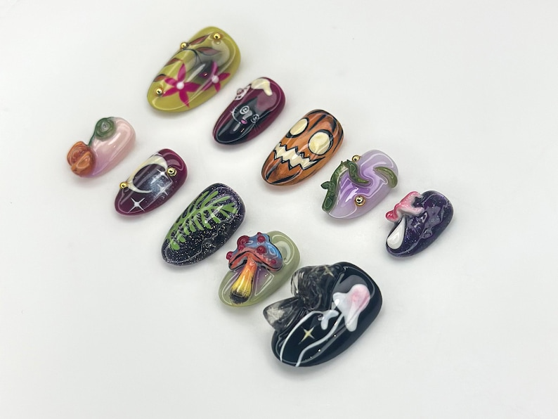 Fantasy Forest Halloween Nails | Pumpkin & Black Cat Press Ons | 3D Mushroom Nail Art | Magical Spooky Handmade Nails | OC1146BC