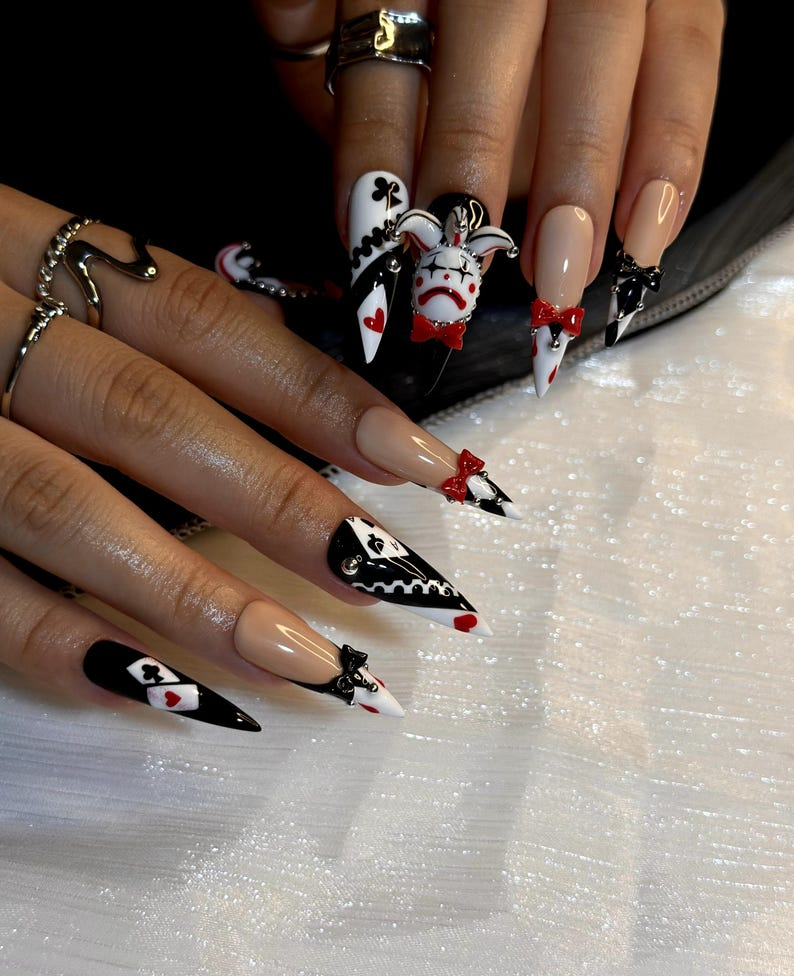 Harlequin Joker Halloween Press On Nails | Black White Red Gothic Nail Art | 3D Clown Accent Stiletto Nails | Playing Card Inspired |OB194EC