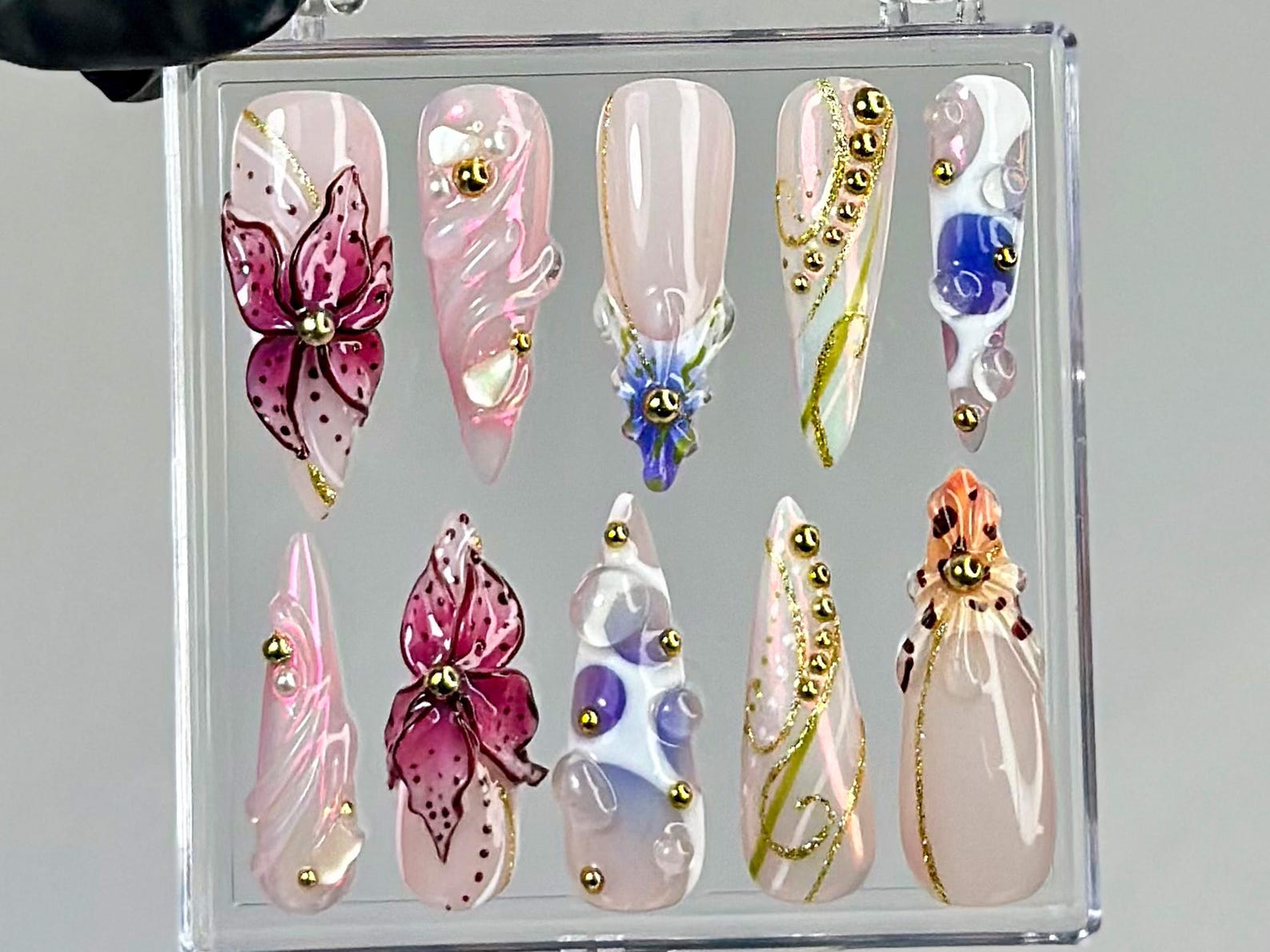 Luxury Orchid Press On Nails | Pearl. Gold Floral Press Ons | Handmade Luxury Fake Nails | 3D Floral. Gold Accents Nail Art | OB751YC