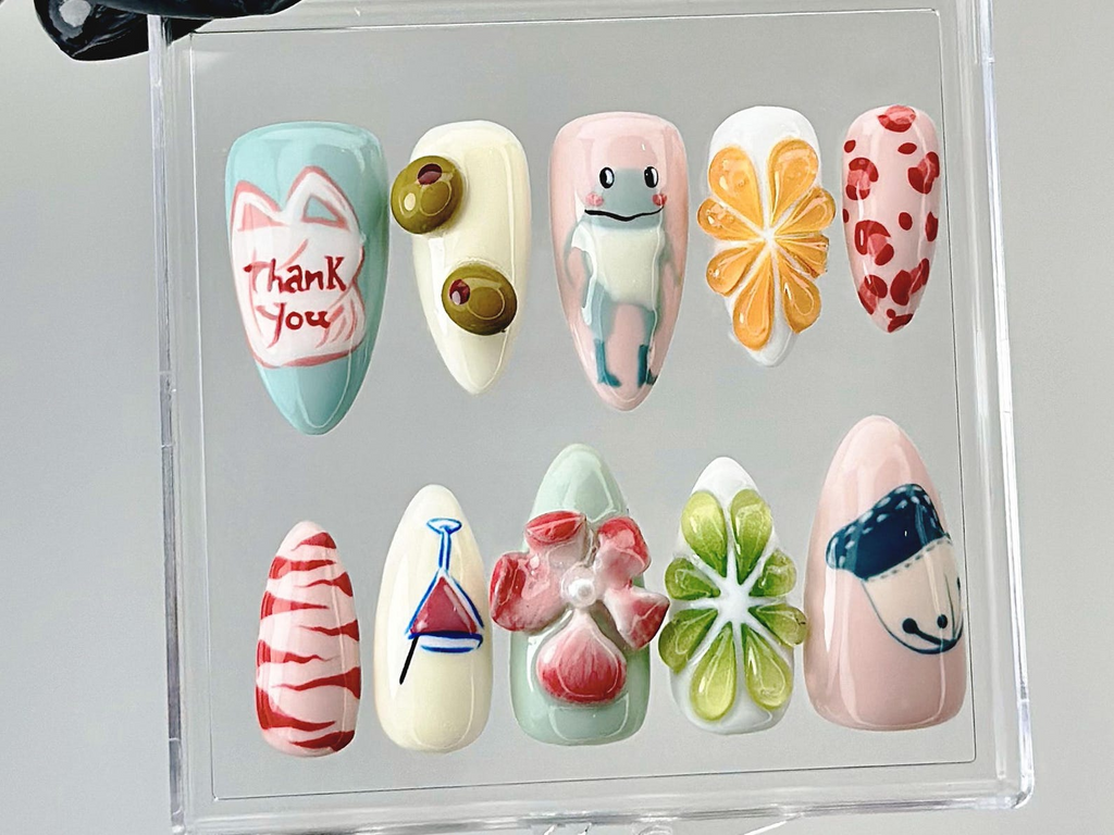 Funky Cartoon Press On Nails | 3D Frog. Flower. Smile Fake Nails | Handmade Kawaii Nail Art | Colorful Kawaii Press Ons | OB876YC