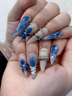 Blue Marble Blossom Press On Nails for Spring Blue | Handmade Nude & Sapphire Nails with Floral Art | Elegant Stiletto Nail Design |OB2890EC