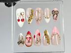 Romantic Cherry Press On Nails | Handmade Cherry. Gold Bead Press Ons | Pink & Gold Bow Fake Nails | French Tip Nail Art | OC782YK