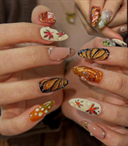 Autumn Maple Leaf Press On Nails | Fall Gold Glitter Nail Art | Orange & Cream Cozy Nails | Elegant Pearl Accent Nails |OB208EC