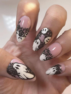 Ghost & Roses Halloween Press On Nails | Black Lace Rose Nail Art | White Halloween Nails | Handmade Spooky Glam Press Ons | OC129HC