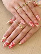 Press On Nails Adhesive Tabs – Cherry Heart & Pink Ribbon Nude Press On Nails. Handmade Valentine Fake Nails Sweet Romantic Nail Art | OB24L