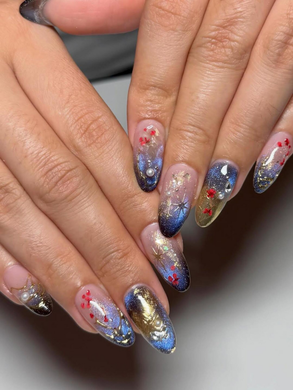 Luxury Navy Gold Press On Nails. Mystic Galaxy Floral Nails. Reusable Stiletto Nail with Gold Filigree and Shimmering Night Sky Art. OB307HC