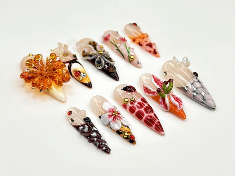 Colorful Summer Press-On Nails | Bold Wildflower Nail Art | 3D Butterfly & Flowers Nails | 3D Botanical Press Ons | Nature Nails | OB836YC