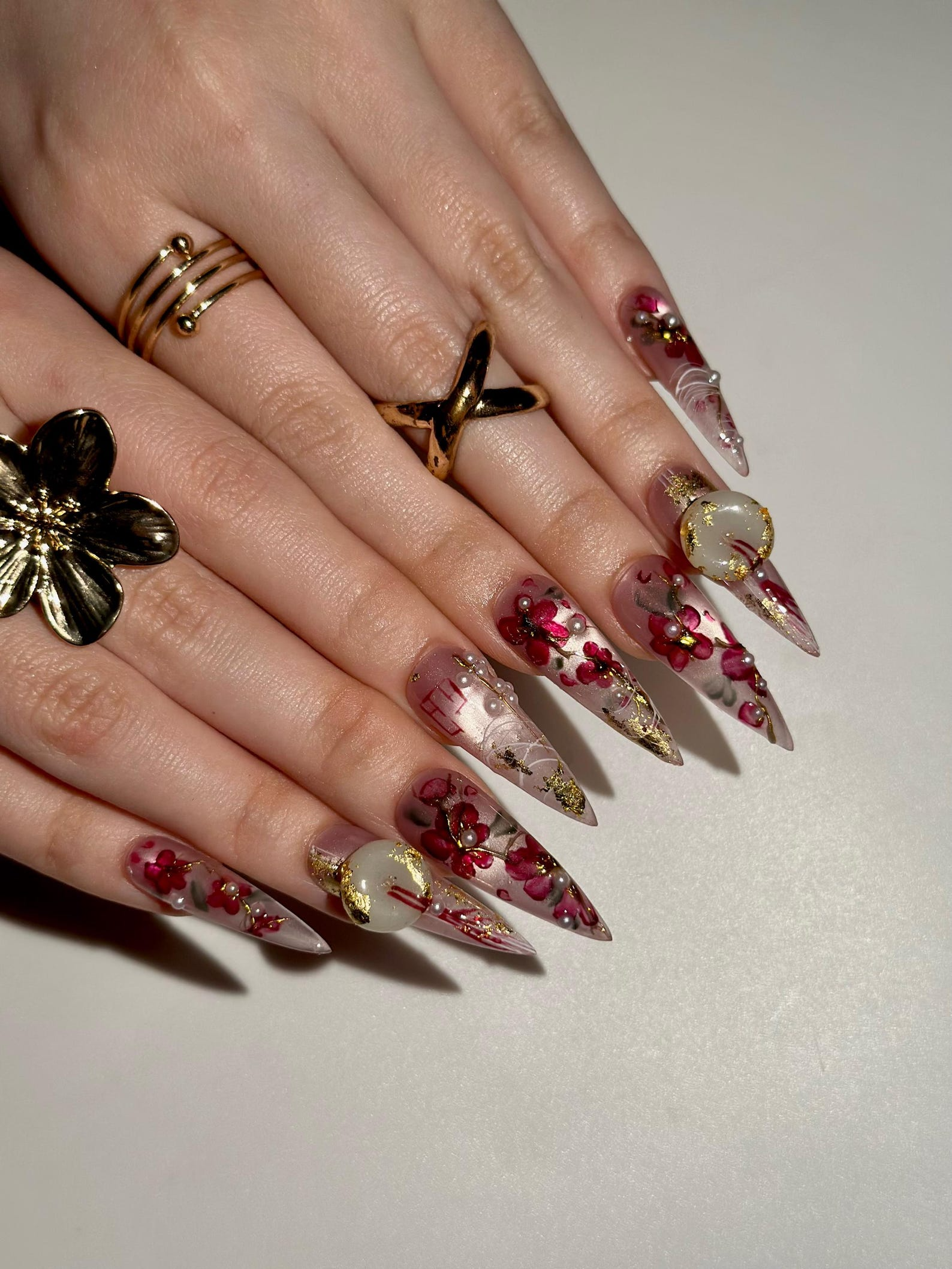 Handmade Cherry Blossom Press On Nails. Asian Inspired Luxury 3D Jade and Gold Leaf Nails. Elegant New Year Luxury Fake Nails. OB1021HC