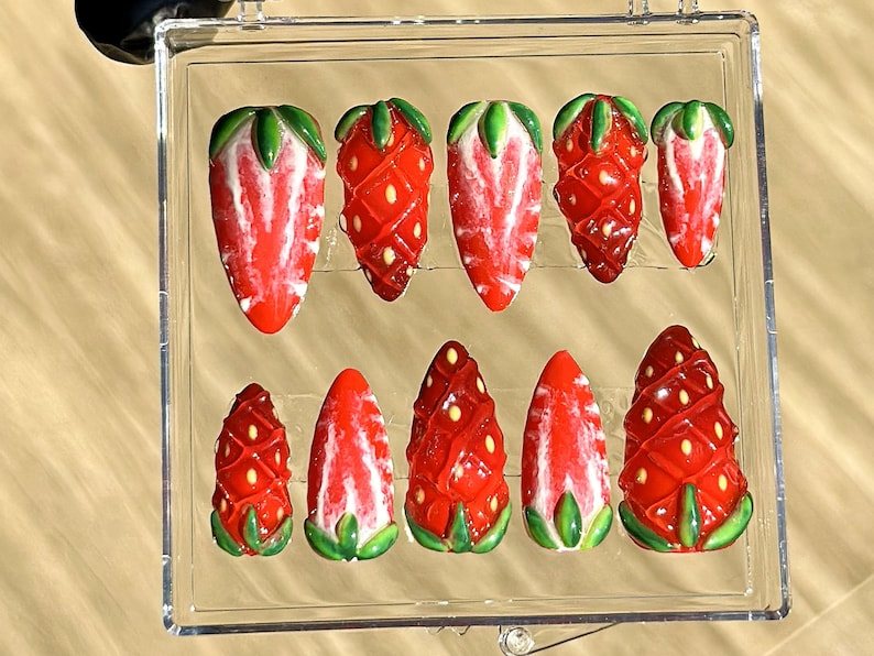 Juicy Strawberry Press On Nails | Summer 3D Fake nails| Free Style Summer Fruit Nail Art | Kawaii Nails | Cute Kawaii Press Ons | OB936YC