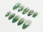 Nature Koi Fish Press On Nails | Realistic Pond & Fish Nail Design | Natural Landscape Nail Art | Custom Hand-Painted Green Nails | OB669HC