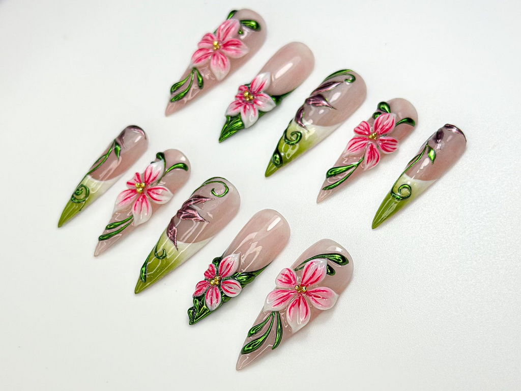 Garden Fantasy Press On Nails | 3D Pink Flower & Leaf Nails | Handmade Botanical Nail Art | Nature-Inspired | Vibrant Floral Nail | OC993HK