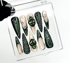 Gothic Green Press On Nails | Spider Web Nail Art | Dark Forest Vibes | Beetle 3D Design | Forest & Spider Web Details | OC963E
