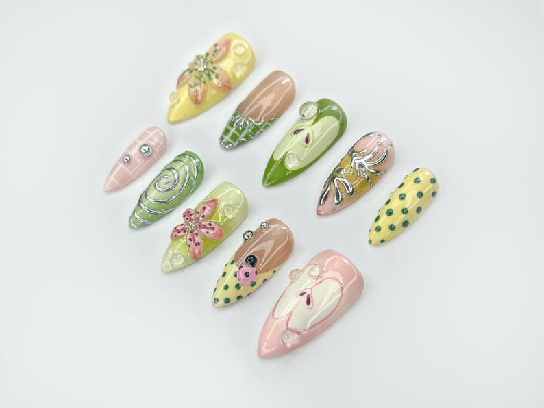 Green Garden Press On Nails | 3D Floral Accents. Ladybug Charms & Whimsical Pastel Nail Art | Handmade Nature-Inspired Nail Set | OB123EC