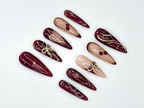 Wine Red Fall Press On Nails | Burgundy & Gold Nail Art | Autumn Holiday Nails | Handmade Glam Nail Set | Elegant Long Nails | OC1137BC