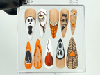 Gothic Halloween Press On Nails | Creepy Orange and Black Fake Nails | Unique Halloween Acrylic Nails | Ghost and Skull Nail Art | OB564YK