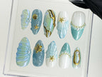 Mermaid Ocean Press On Nails | Blue Ocean-Inspired Designs with Glittery Oceanic. 3D Starfish | Custom Handmade Press On Nails | OC503AL