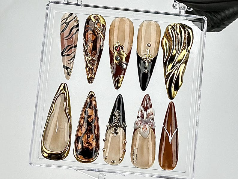 Black & Gold Marble Press On Nails | Leopard Print. Brown Fake Nails | Nature-Inspired Designs Nail Art | Edgy Gothic Nails | OB694YK