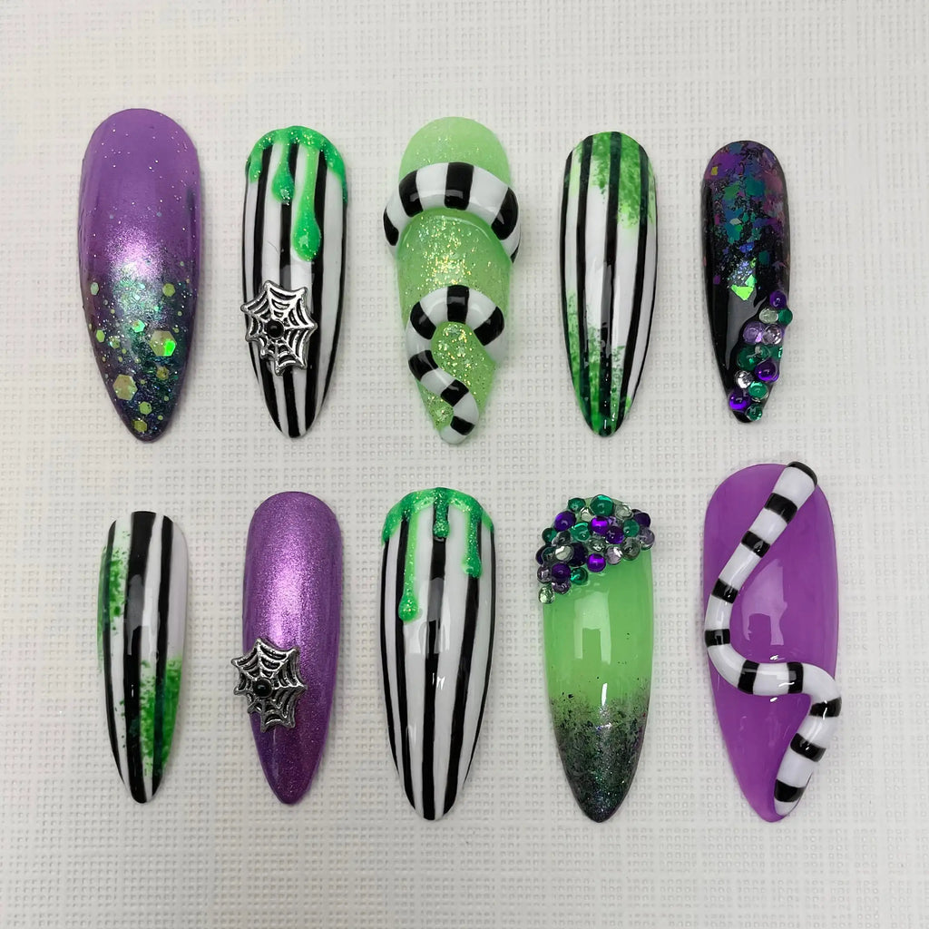 Handmade 3D Beetlejuice Halloween Press on Nails - Glitter Fingernails V89